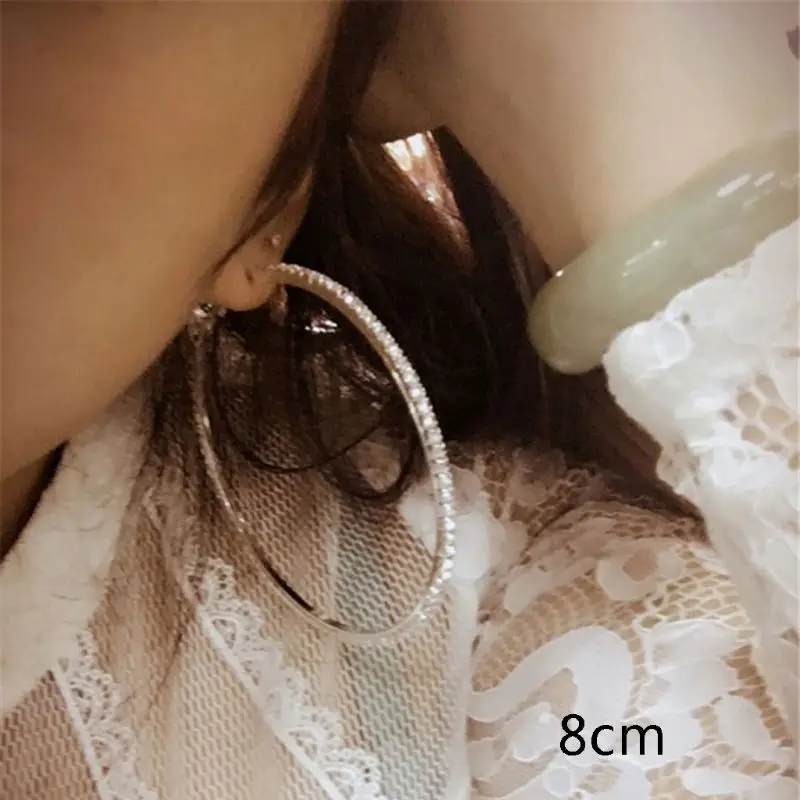 Женские круглые серьги-кольца 2-10 см золотые сияющие стразы с кристаллами модные