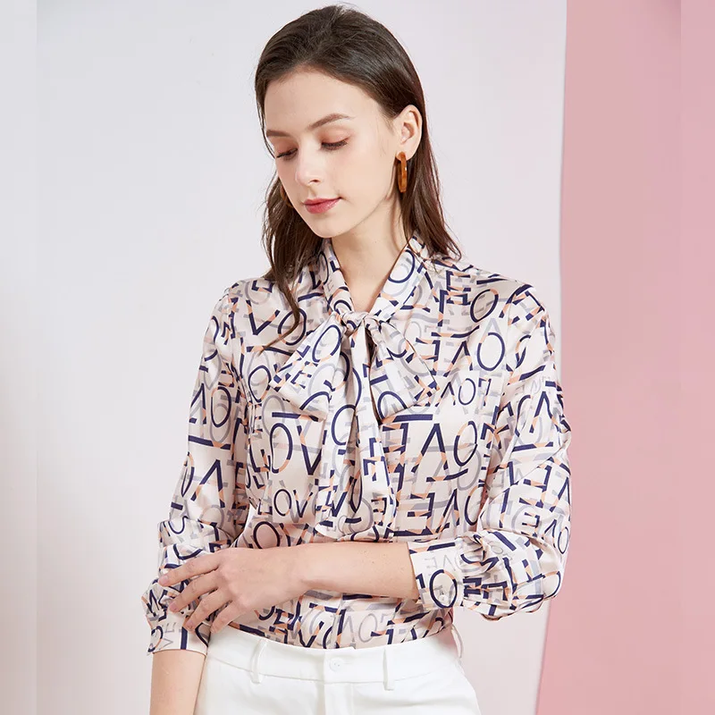 women tops and blouses pink silk blue letter floral high quality OL 2020 summer office shirts long sleeve casual sexy plus size
