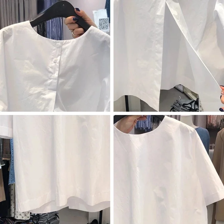 

Korean O Neck Brief Split Blouse Summer White Short Sleeve Shirts Women Clothing Elegant Pullover Top Blusas Camisas Mujer 2021