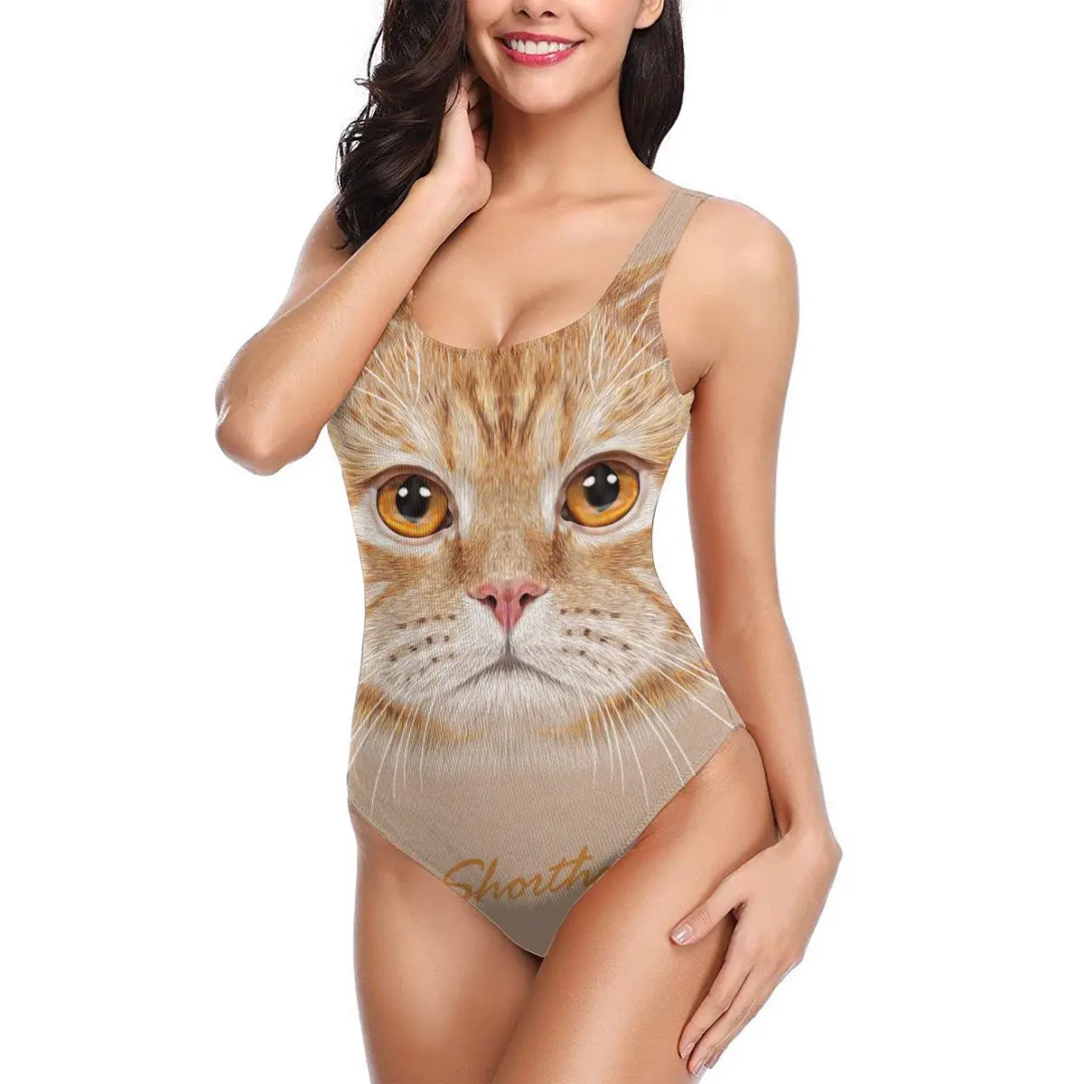 

2021 Women Swimwear Sexy One Piece Swimsuit Backless Bathing Suit Bodysuit Beachwear Swim British Shorthair Cat Face