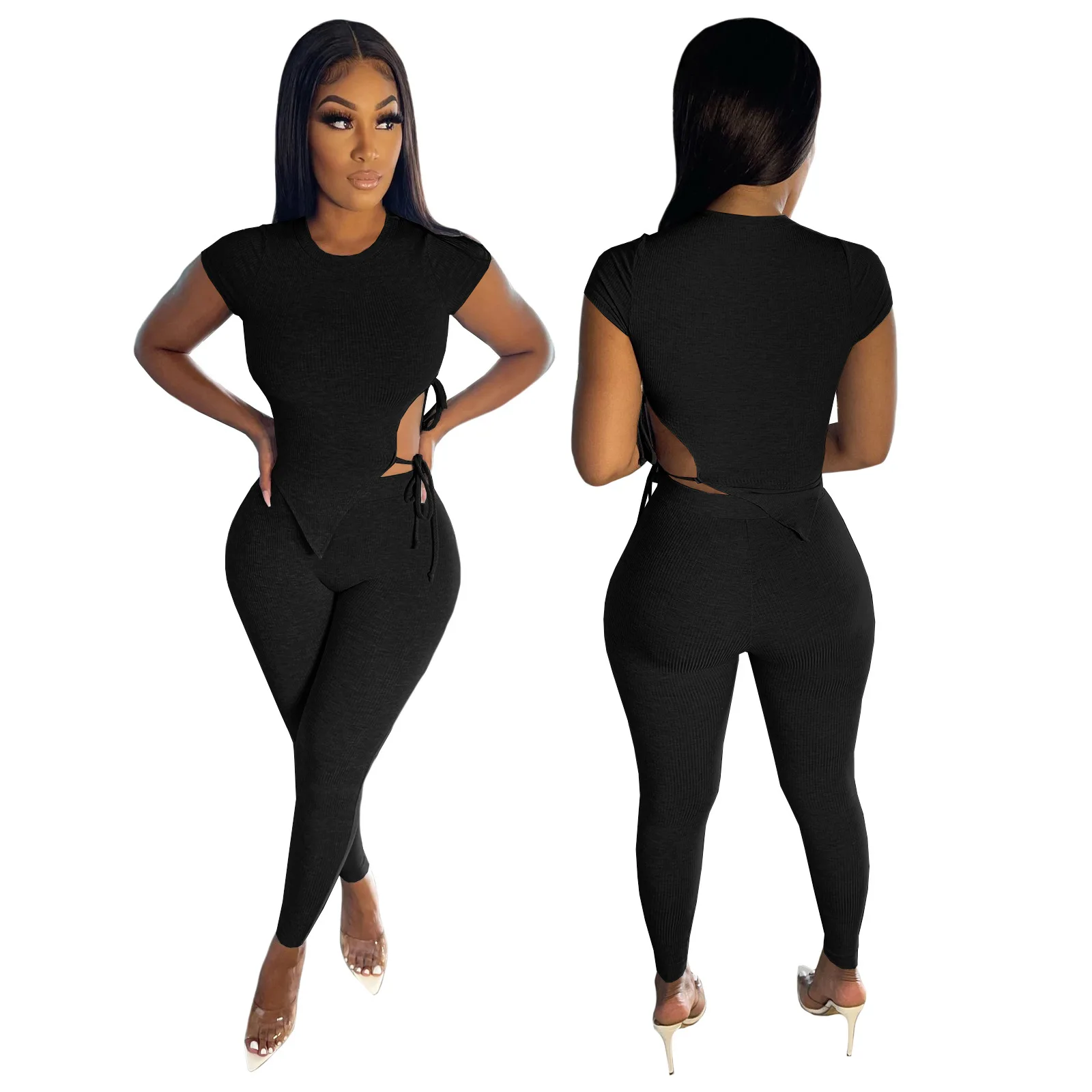 Женский трикотажный комплект из двух предметов однотонный укороченный топ с