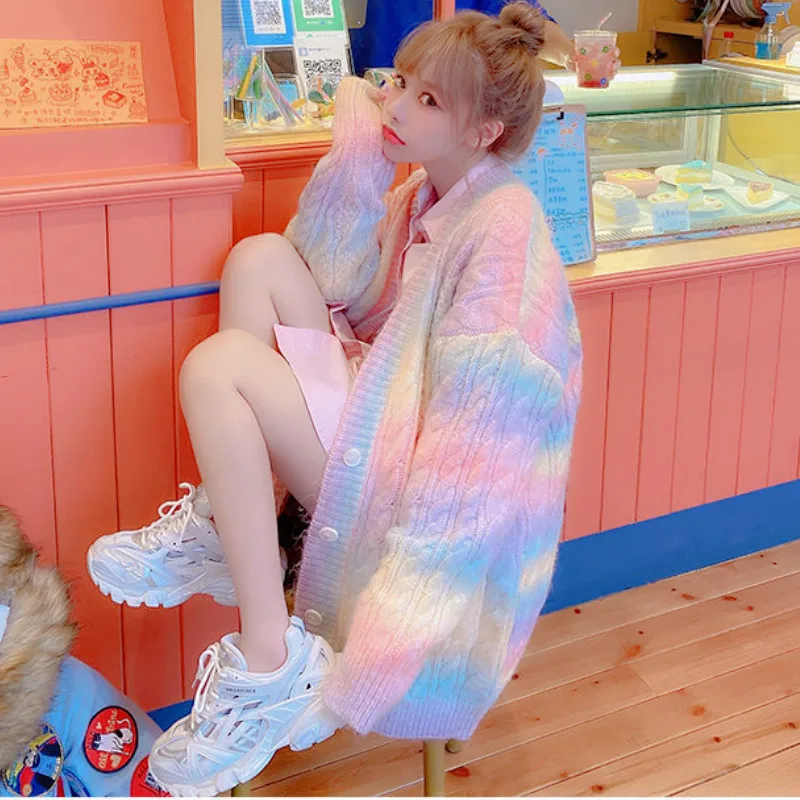 

Sueters de mujer Rainbow cardigan Female cardigan Kawaii Korean fashion Sweater women Women's jacket Spring and Autumn 2021