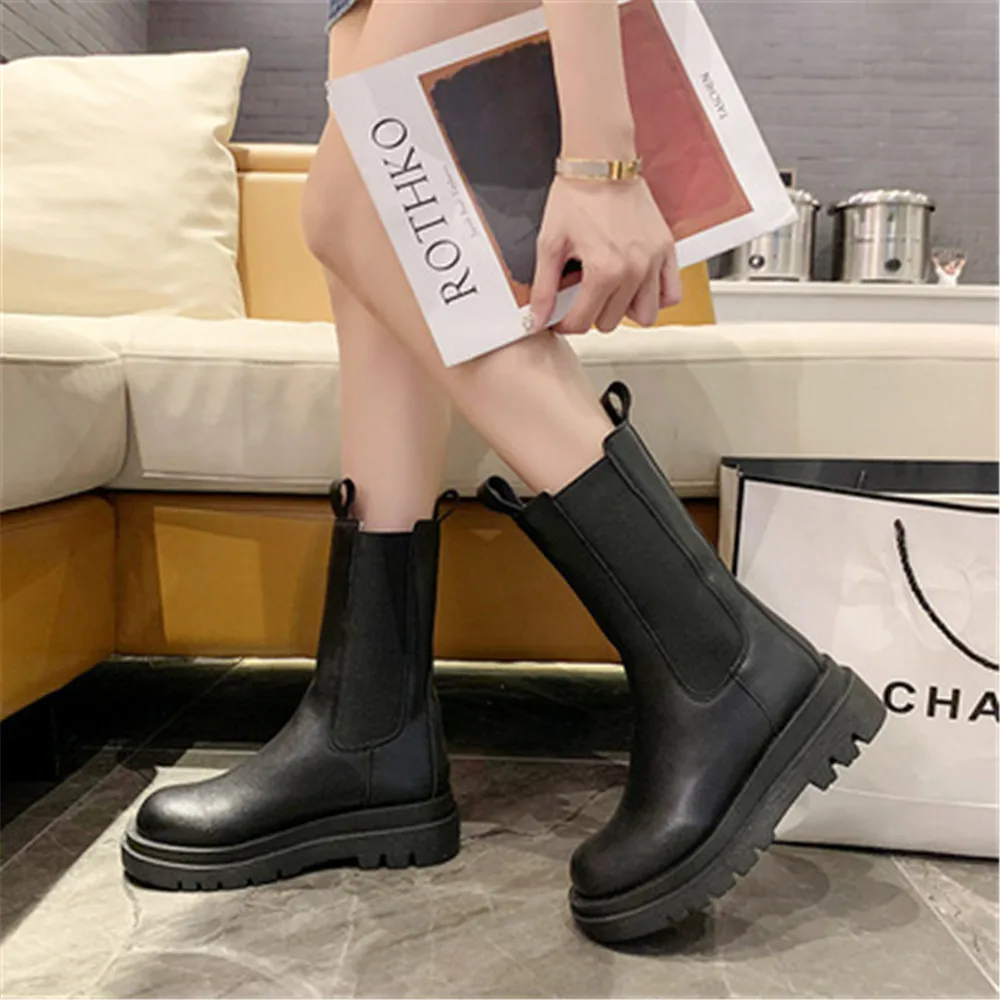 

Женские ботинки до середины икры, модные высокие кроссовки в британском стиле на платформе, ботинки челси 35-40, для осени, 2021