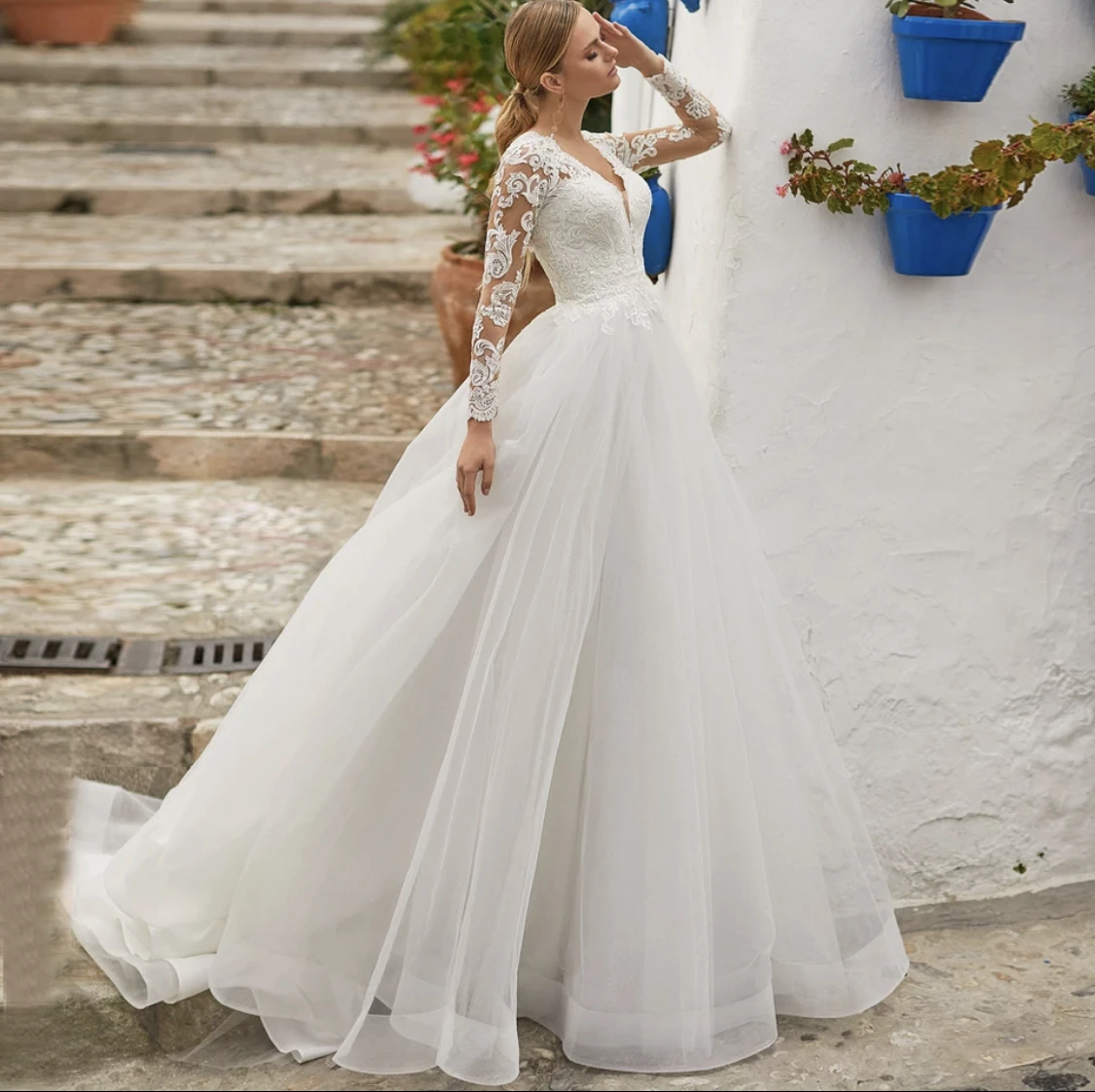

Vestidos de Novia Принцесса бальное платье Тюль Свадебные платья 2022 размера плюс с длинным рукавом кружева халат De Mariee свадебное платье невесты
