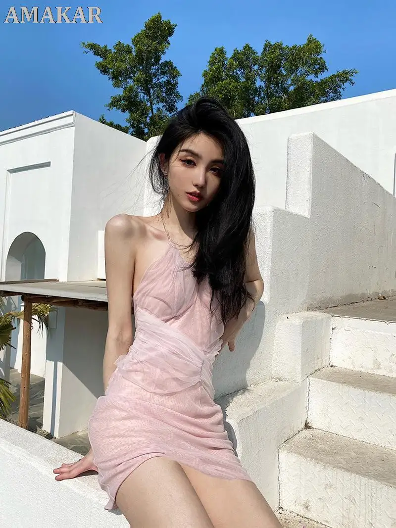 

French Hanging Neck Beads Gauze Sexy Backless Dress Dress Female Temperament Robes