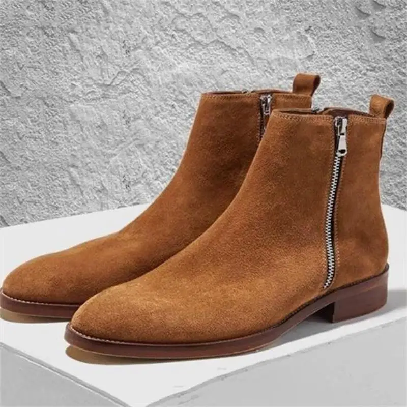 

2021 New Men Shoes Fashion Trend All-match Dress Boots Handmade Brown Suede Round Toe Low-heel Side Zipper Ankle Boots KS359