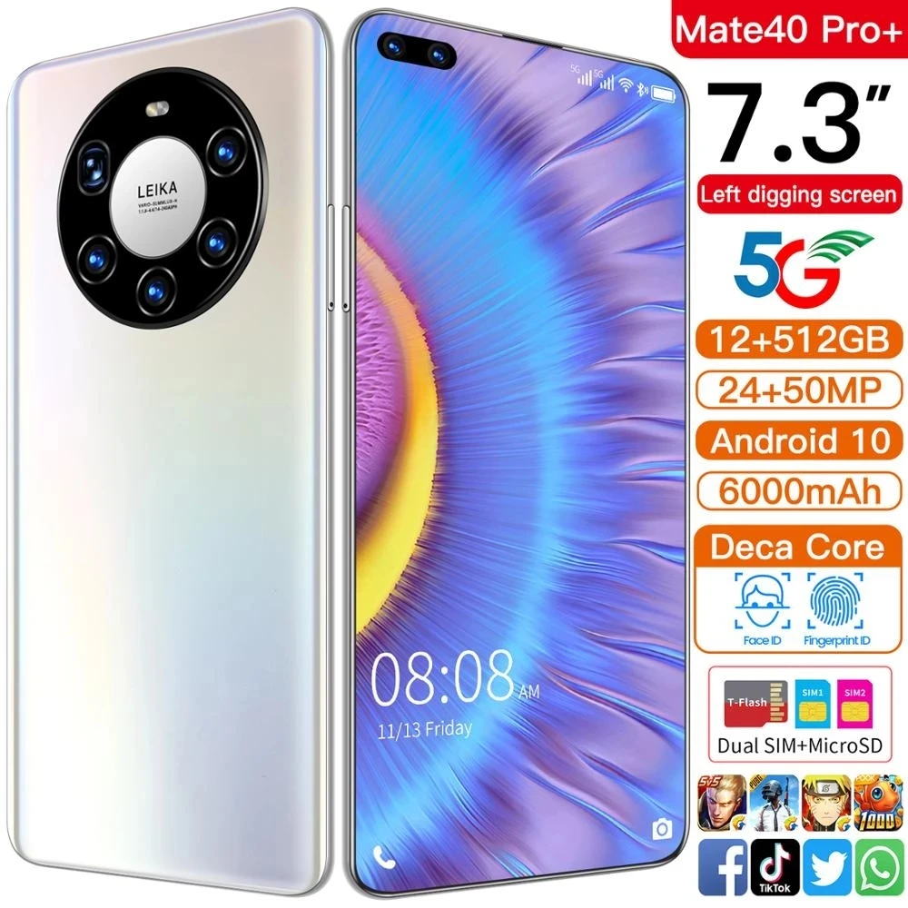 

Mate40 Pro cheap smartphone new 12+512GB 24+ 50MP 1080 * 2400 Andriod 10 mobile phone 6000mAh face ID MTK6889 mobile phone