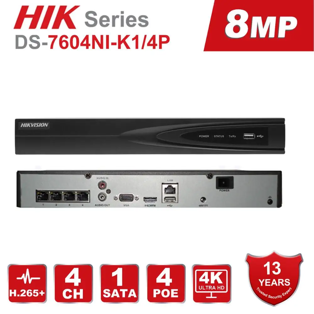 Hikvision NVR 4CH 4K 8MP DS 7604NI K1/4 P 1 SATA 4 POE порты HDMI и VGA встроенный Plug & Play видеорегистратор