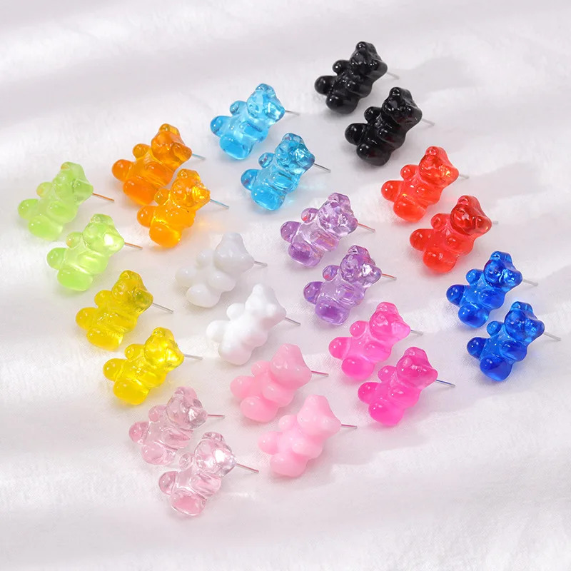Kids Candy Color Jelly Bear Stud Earrings Women Girl Cartoon Transparent Bear Barrette Fashion Cute Resin Gummy Bear Jewelry