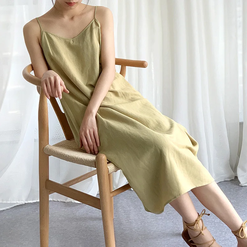 

2021 Women Cotton And Linen Long Dress V-Collar Loose Style Women Summer Dress Solid Color Sleeveless Dress Vestidos