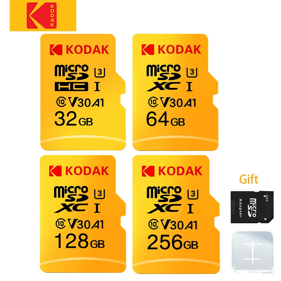

Original KODAK Micro-SD Card 256GB 128GB 64GB 32GB Memory Card TF Card V30 U3 100MB/S cartao de memoria Free SD Adapter for pc
