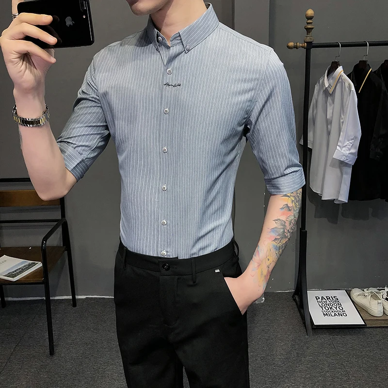 

Spring Striped Shirts Men Short Sleeve Business Formal Dress Shirts Casual Slim Fit Streetwear Shirts Social Party Chemise Homme