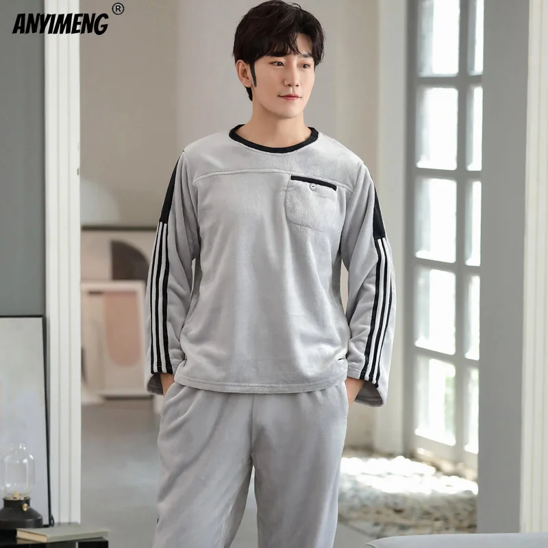 

Mens Soft Coral Fleece Pajamas Set Winter New Thick Pullover Pijamas for Gentleman Fashion Retro Sporty Plush Sleepwear for Boy