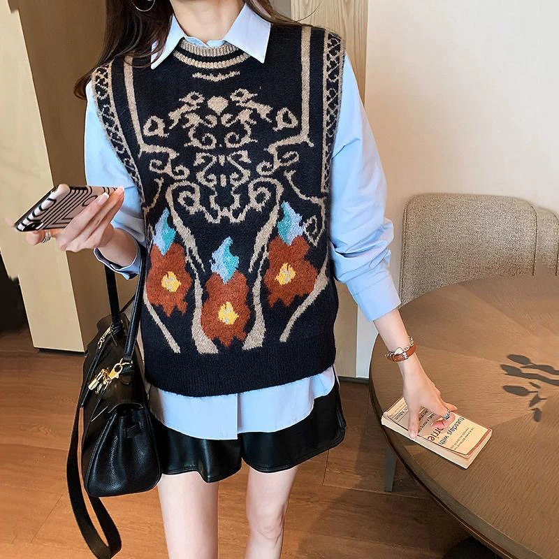 Женский трикотажный свитер без рукавов Свободный пуловер с винтажным принтом в