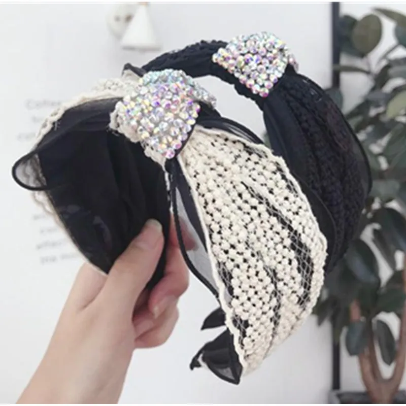 

High End Women Headband Crystal Hair Decoration Colorful Crystals Knotted Center Hairband Adults Boutique Hair Headband Lace
