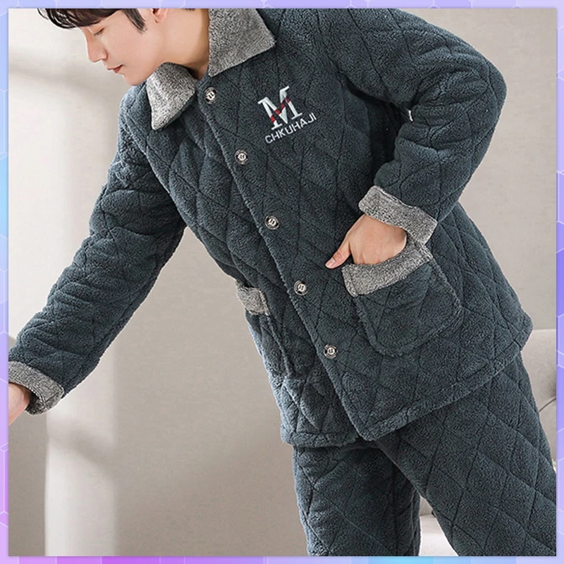 

Мужской пижамный комплект, зимняя теплая фланелевая утепленная мужская пижама, комплекты с длинным рукавом, одежда для сна, топ и брюки, дом...