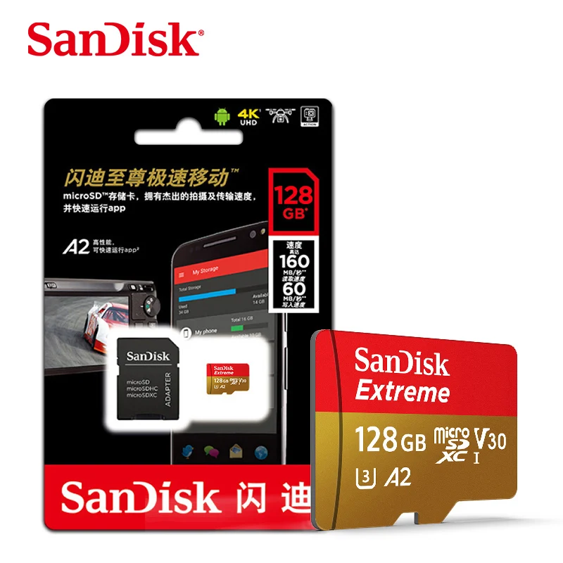 

Карта памяти Microsd SanDisk Extreme, 128 ГБ, 64 ГБ, 32 ГБ, SDHC, SDXC, A2, U3, V30, до 160, МБ/с., с адаптером SD