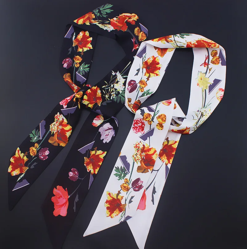 

130*6cm New Japanese and Korean Leaves Floral Print Small Silk Scarf Female Tie Bag Handle Ribbon Hair Band
