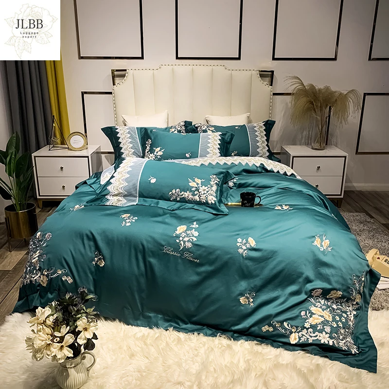 

New Luxury 100S Satin Egyptian Cotton Comfortable Bedding Set Flowers Embroidery Duvet Cover Bed Linen Fitted Sheet Pillowcases