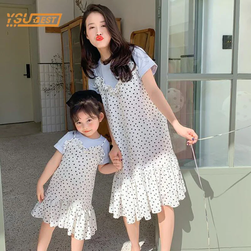 

New Summer Fashion Family Mother and Daughter Short Sleeve Dot Dress Clothes Family Clothing Family Matching Outfits Dress