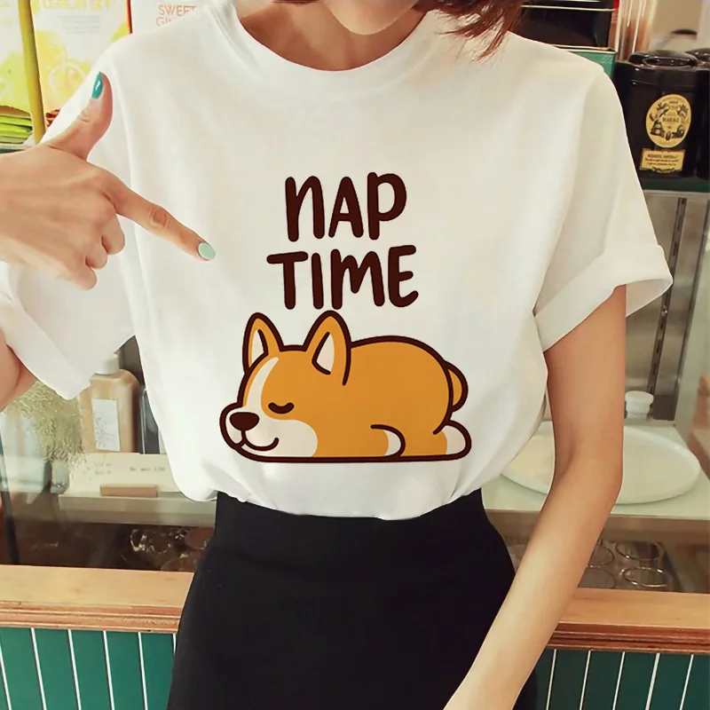 

Tshirts Women 2021 Summer Kawaii Cartoon Corgi Print Female T-shirt Harajuku Casual Short sleeve Streetwear New Ladies Tee Tops