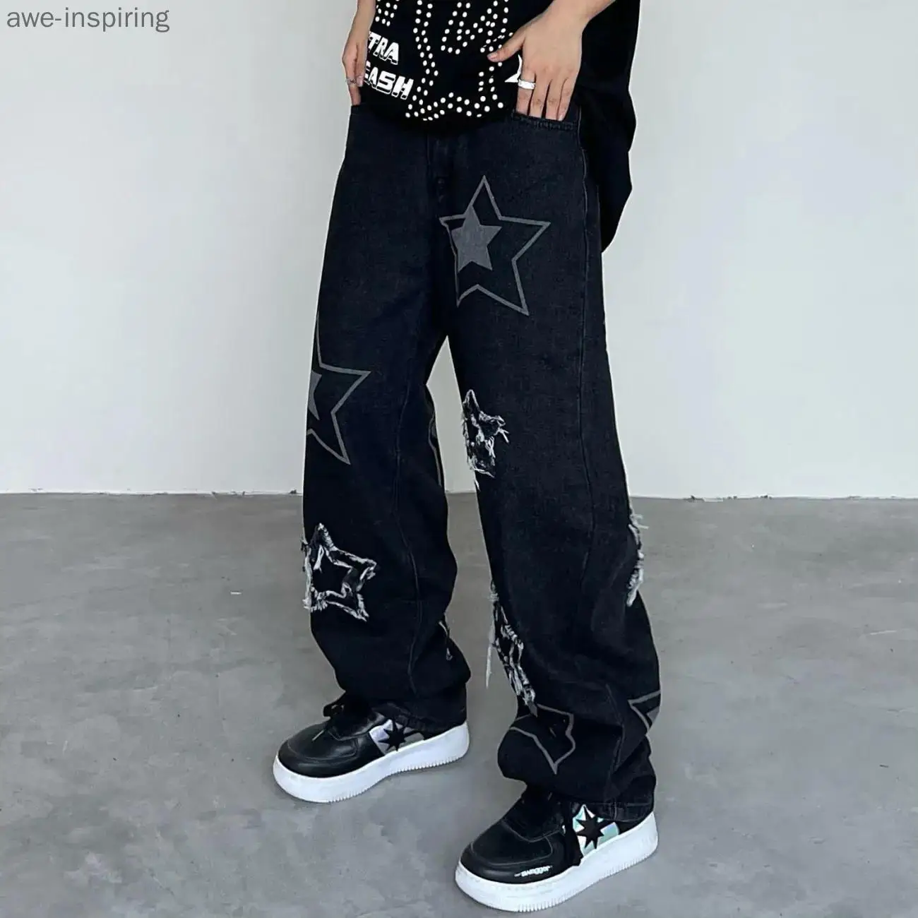 

Awe-inspiring Star Print Black Jeans Women's Trend Fashion Autumn New Loose and Thin Straight Wide-leg Pants Wild Temperament