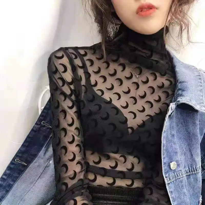 

2021 Spring Fall Sexy Underwear Clothing Women Mesh See Through Moon T Shirt Turtleneck Long Sleeve T-Shirt Female Base Top Tees