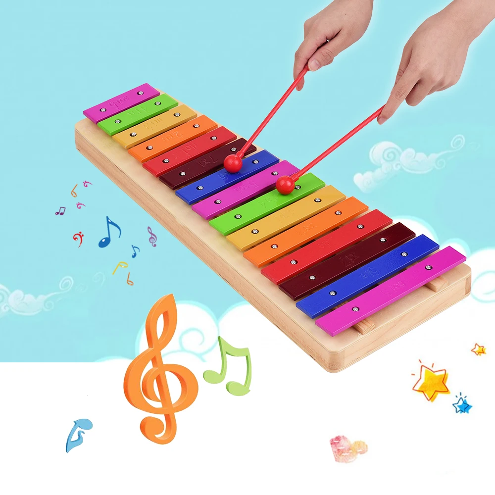 Kids Toy 15-Note Xylophone Glockenspiel Colorful Wooden Base Aluminum Bars with Mallets Percussion Musical Instrument Gift |