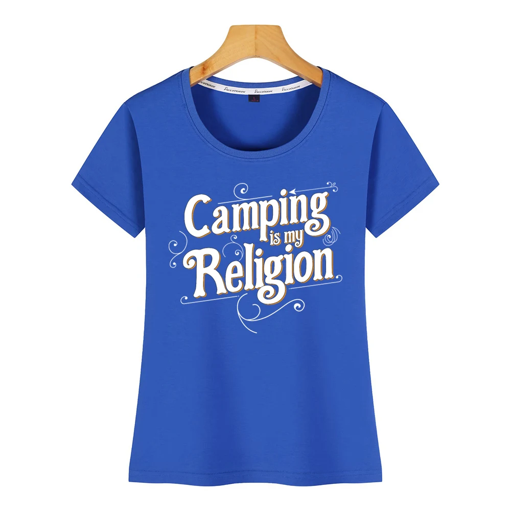 Женская футболка с надписью camping is my religion белая короткая | одежда
