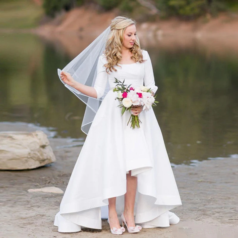 

Elegant A Line High Low Wedding Dress Satin Half Sleeves Long Dress Bridal Gown Formal Party Plus Size Vestido De Noiva 2020