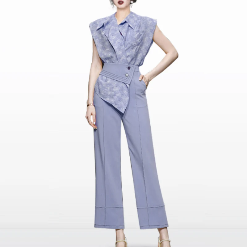 

summer two-piece purple shirt women's clothing fashion leisure coat wide-legged pants new sexy thin office party for women