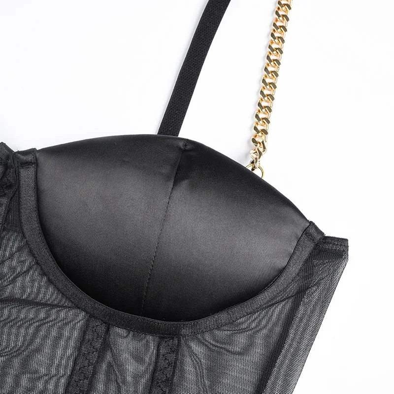 

one piece outfit jumpsuit women sleeveless metal chain sequins black mesh see trough sexy party streetwear bodysuit backless