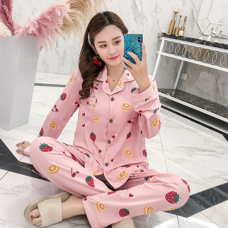 Пижама женская из чистого хлопка с длинным рукавом на весну и осень милая
