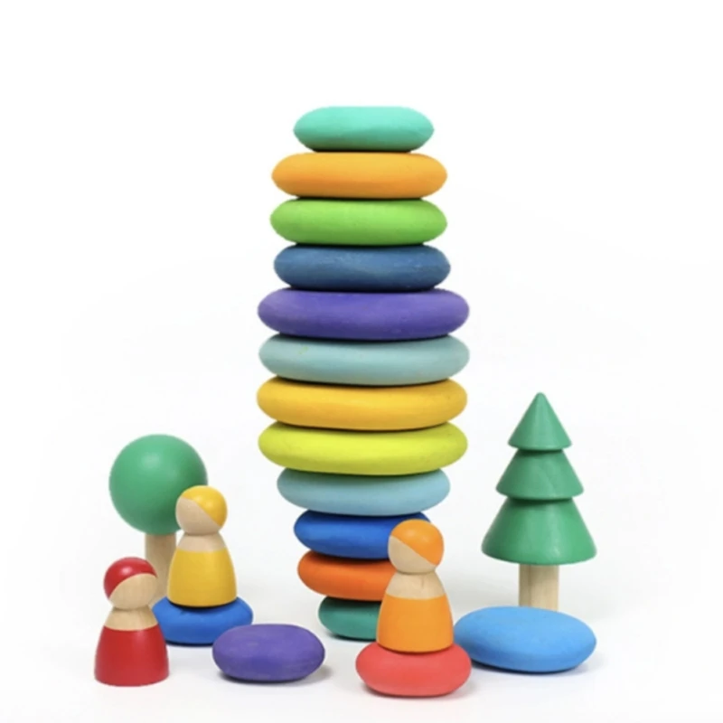 

4pcs Children's Cobblestone Shape Wooden Colored Stone Building Block Educational Toy Stacking Game Home Decoration