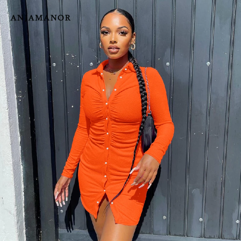 

Женское трикотажное платье-рубашка anjaview, однотонное, с длинным рукавом, на пуговицах, осень 2021, D26-CI36