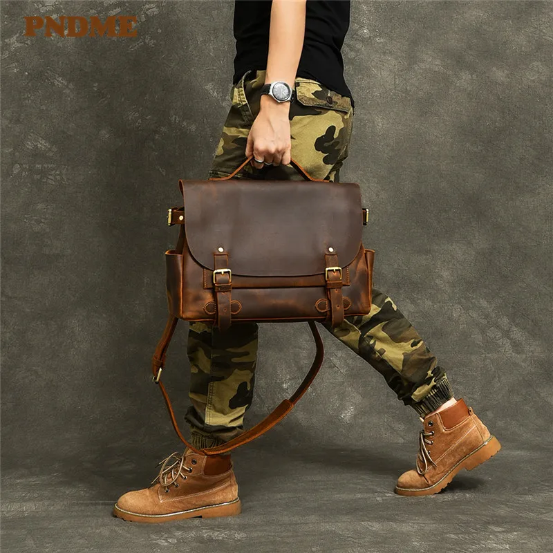Business vintage natural crazy horse cowhide men's briefcase handmade genuine leather handbag work laptop shoulder messenger bag