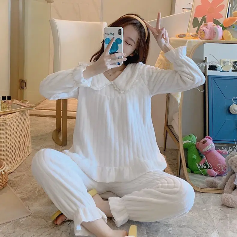 Женский фланелевый Пижамный костюм из 2 предметов белая Домашняя одежда Милая