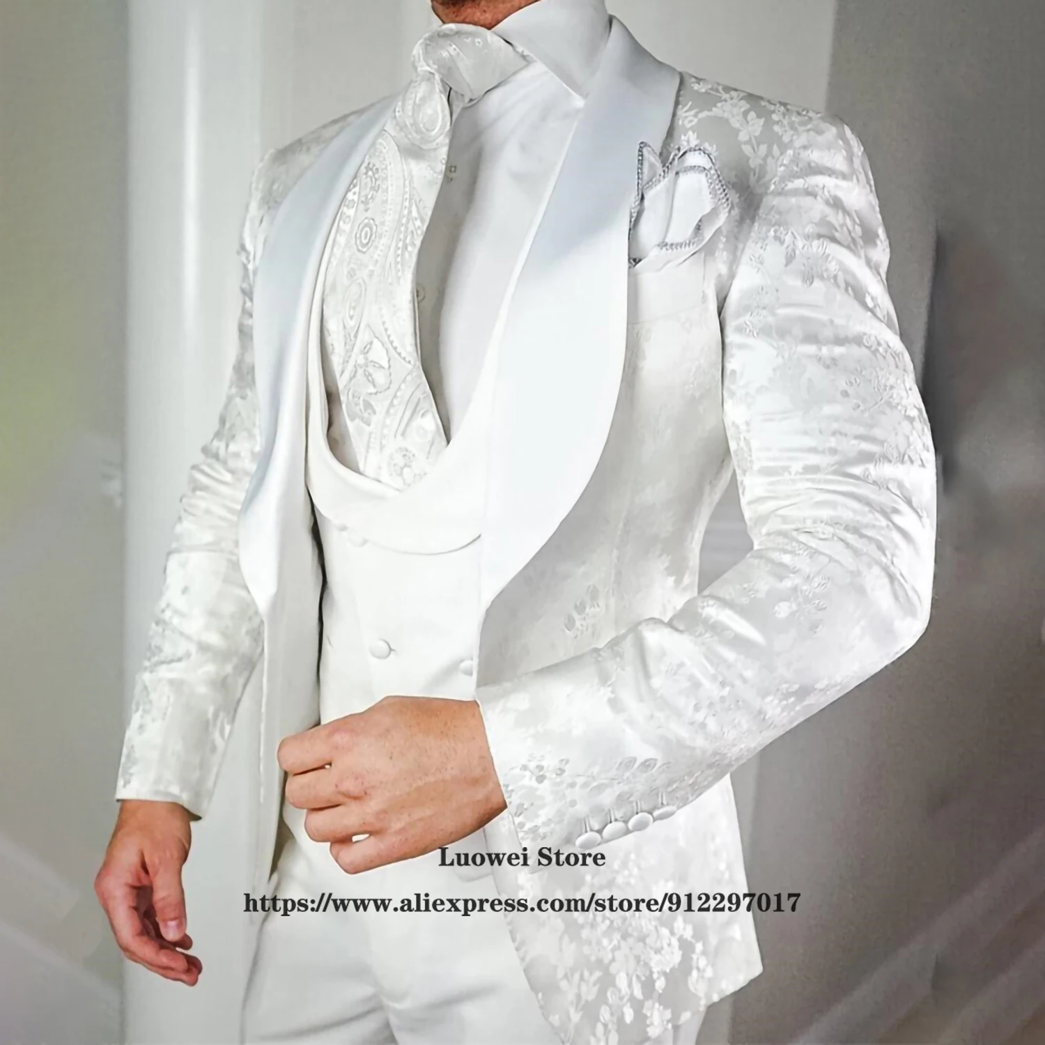 

Костюм мужской облегающий из трех предметов, белый пиджак, жилет, брюки с пейсли принтом, шаль, лацкан, свадебный смокинг для жениха, деловой ...