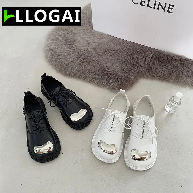 

lace-up chunky leather Women's Shoes Leather Shoes 2021 Autumn Fashion Lace Retro Thick Heel Non-slip Low Heels Shoes for Women
