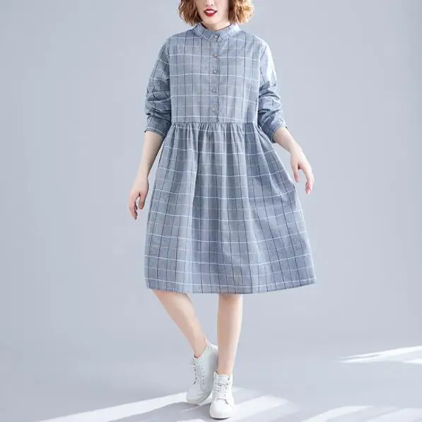 Японская девушка Мори милое свободное платье осеннее женское синее клетчатое
