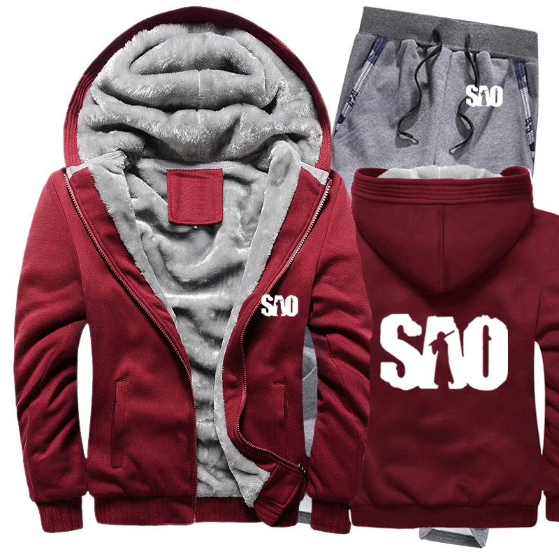 

SAO Sword Art Online Hoodies Mens Suit Winter fleece Thicken Warm zipper Sweatshirt Mens Hoodies Jacket Pants 2Pcs Sets
