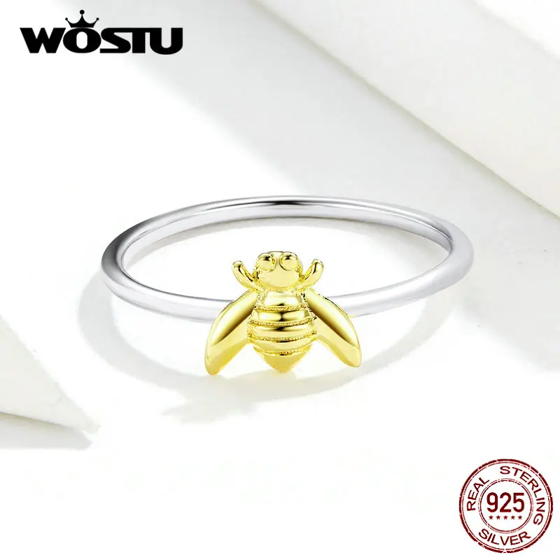WOSTU 100% Real 925 Sterling Silver Lovely Bees Ring For Women Gold Color Wedding Rings Engagement Lover Fine Jewelry DXR595 | Украшения и
