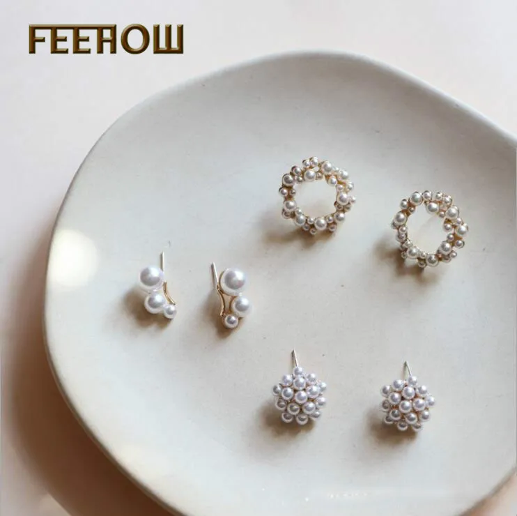 Женские серьги гвоздики FEEHOW элегантные круглые милые с имитацией жемчуга для