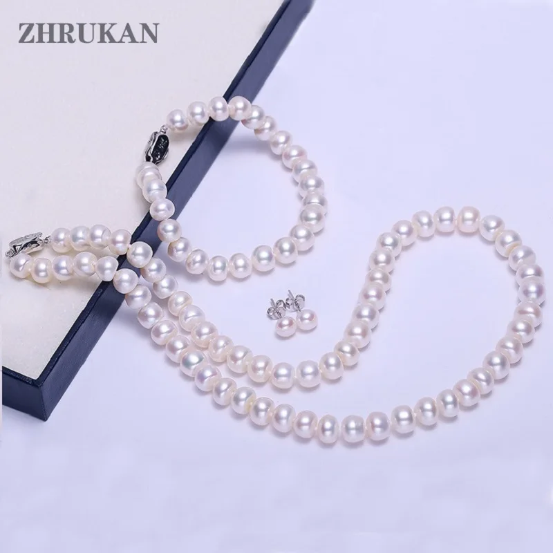 Pearl jewelry Sets 8-9mm Real Natural Freshwater Pearls 925 Sterling Silver Necklace Earrings Bracelet for women Fashion Gift | Украшения и