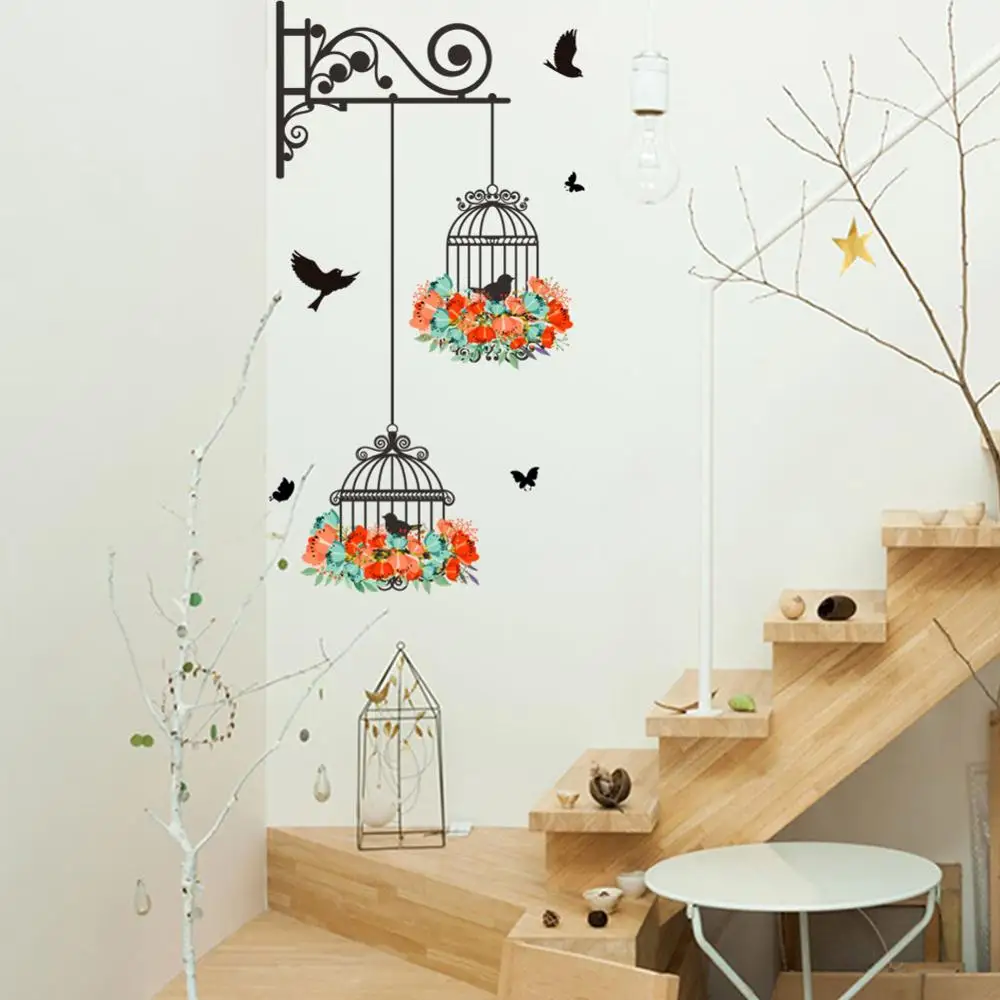 

Creative Bird cage With Flower Tree Branch wall Sticker For Shop Office Bedroom Home Decoration Pastoral Mural Art Diy Pvc Decal