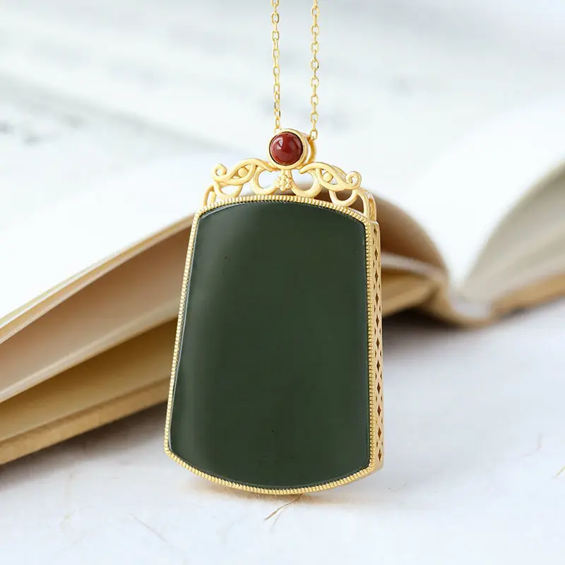 

Natural Hetian jasper exquisite pendant necklace Chinese style retro unique ancient gold craft charm women's silver jewelry