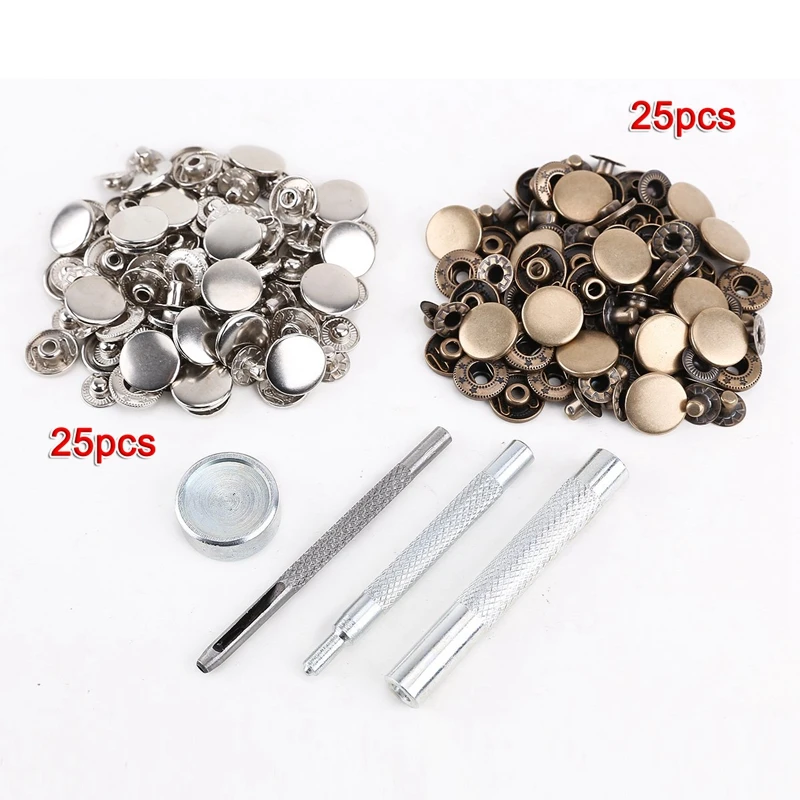 Металлические кнопки + набор инструментов для кожи 25 шт серебро бронза 15