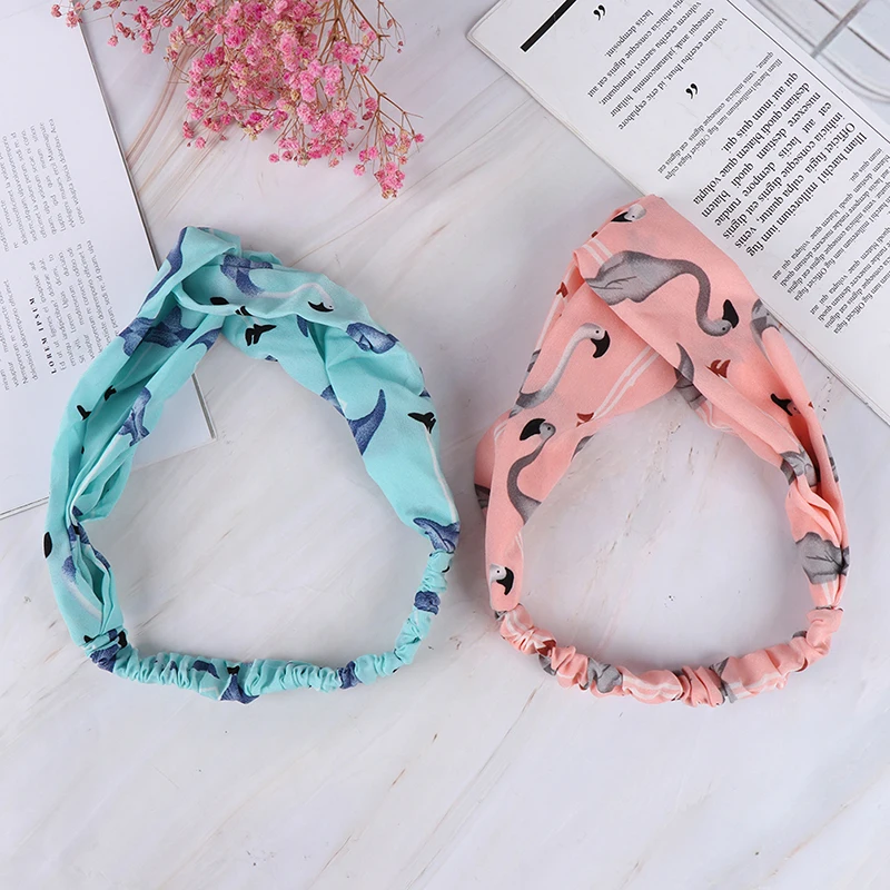 Женская шифоновая повязка на голову широкая с мультяшным фламинго тюрбан