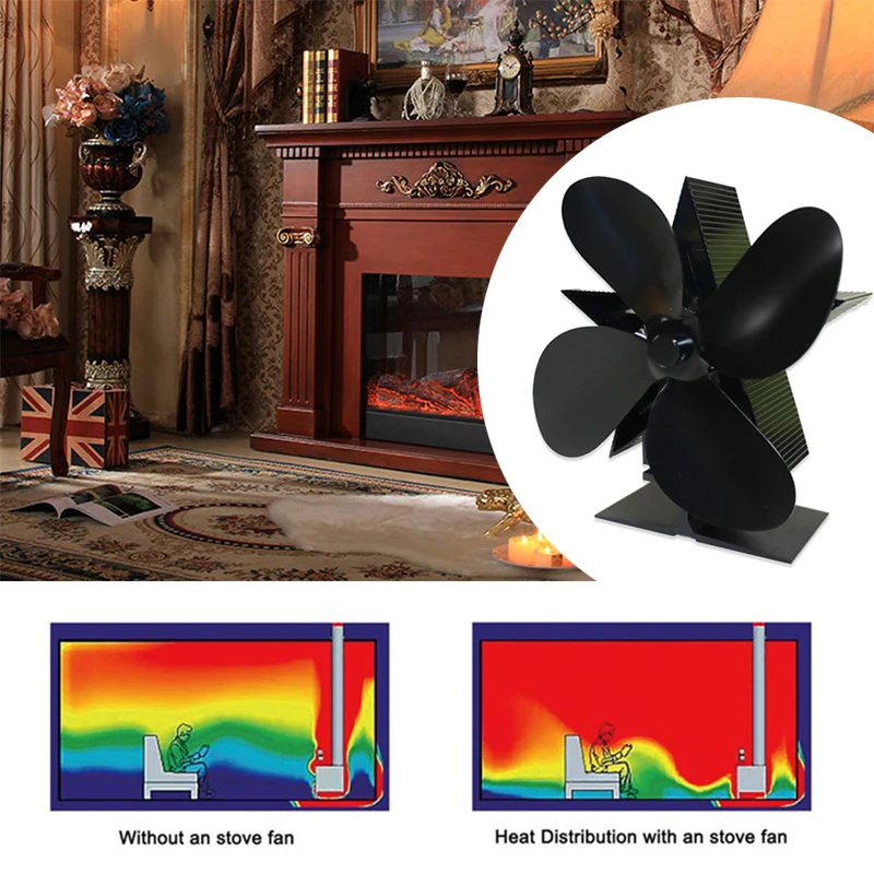 

Black 4/5 Blade Fireplace Heat Powered Stove Fan Wood Burner Fireplace Quiet Efficient Heat Distribution Christmas Decorations