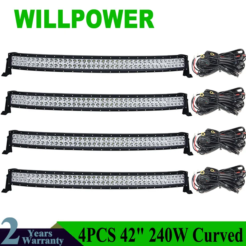 4PCS With Wiring Kit Джипы 42 дюйма 240 Вт комбинированный водонепроницаемый IP67 внедорожный светодиодный рабочий светильник, автомобильный изогнутый СВЕТОДИОДНЫЙ светильник для грузовиков - Цвет: 4PCS With Wiring Kit